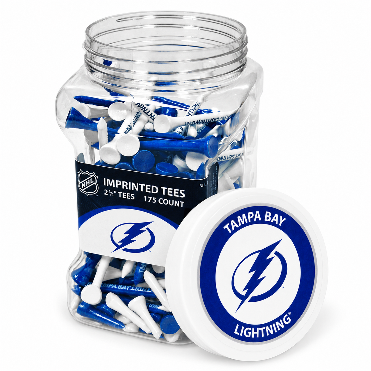 Tampa Bay Lightning jar containing 175 2¾-inch golf tees with its separate team-logo lid.