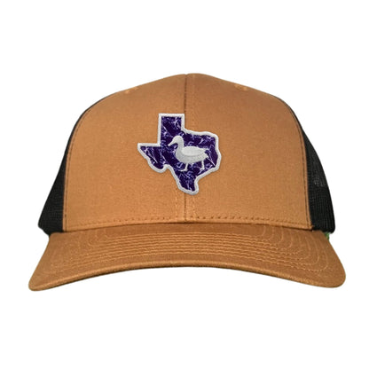 Tarleton State University State of Texas Oscar P / Hat / 177 / TAR006 / MG - Caramel / Black Curved Bill Mesh Snapback - Club Rehab