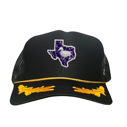 Tarleton State University State of Texas Oscar P / Hat / 177 / TAR006 / MG - Black / Gold Foam Curved Snapback - Club Rehab