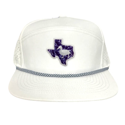Tarleton State University State of Texas Oscar P / Hat / 177 / TAR006 / MG - Flat Bill White with Black / White Rope Canvas - Club Rehab