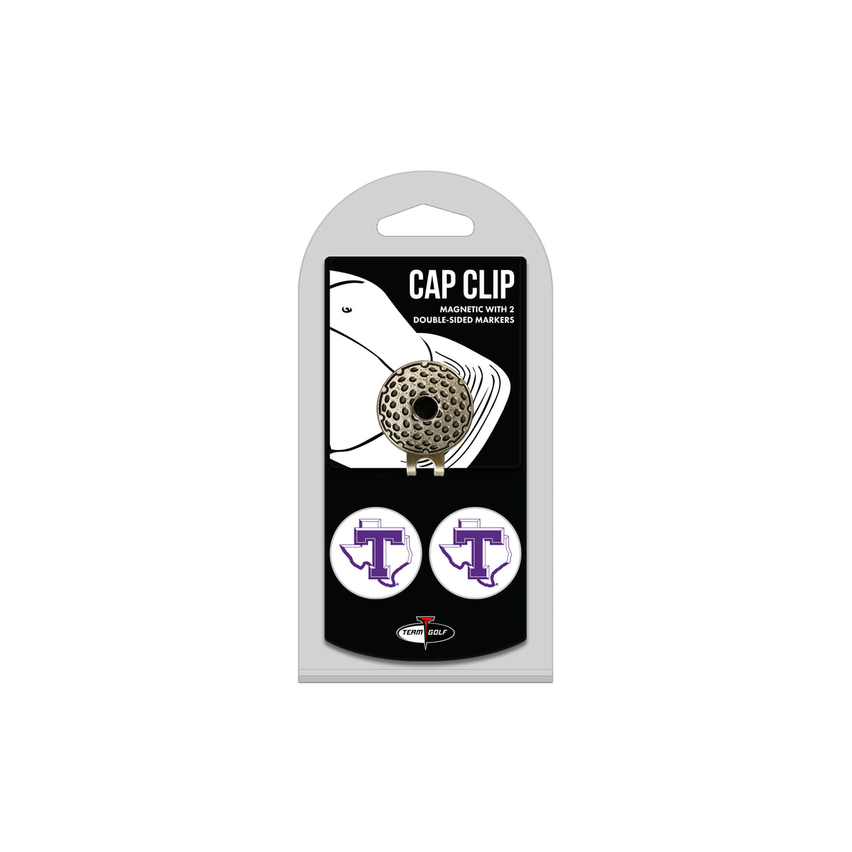 Tarleton Texans hat clip with two golf ball markers