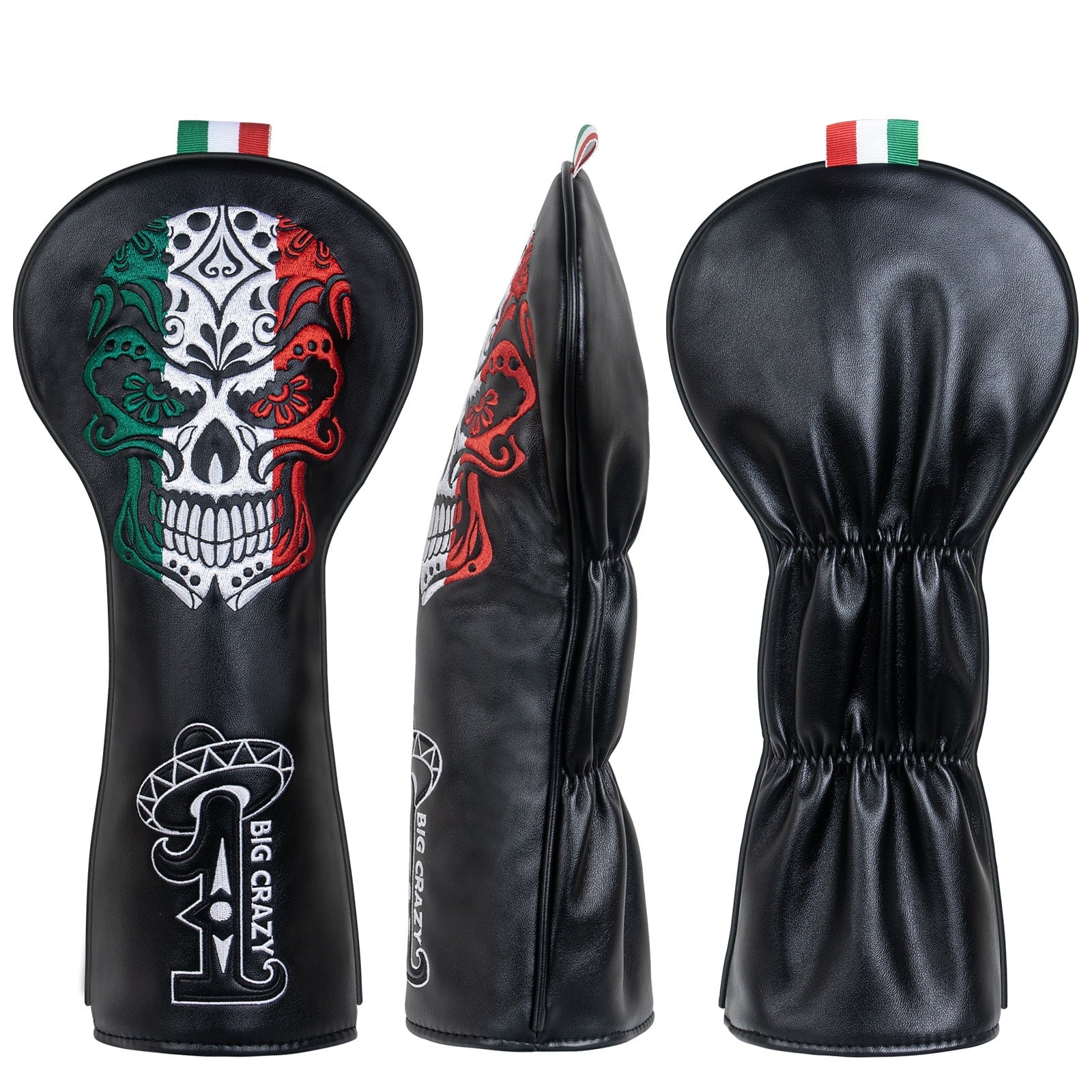 Golf club head cover with skull design and 'Big Crazy' branding on a white background