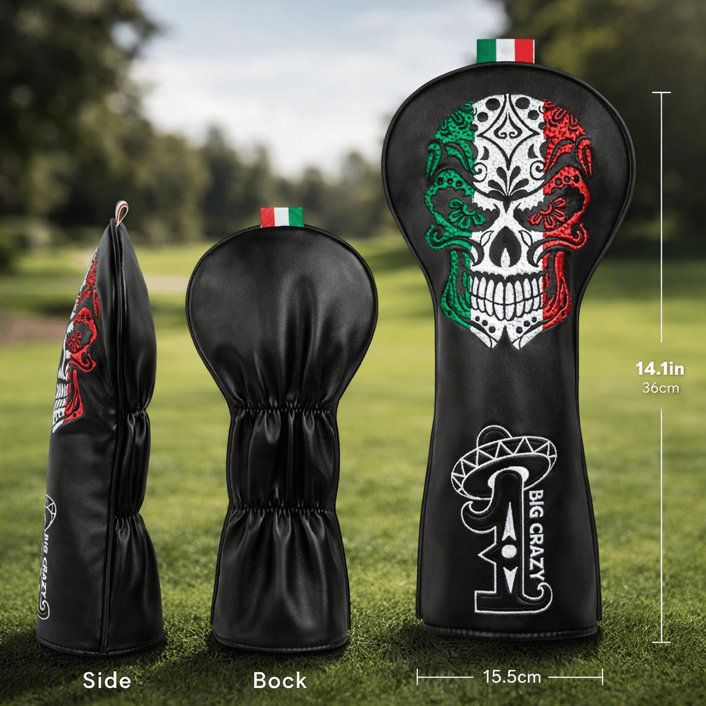 Golf club head cover with skull design and measurements on a grassy background
