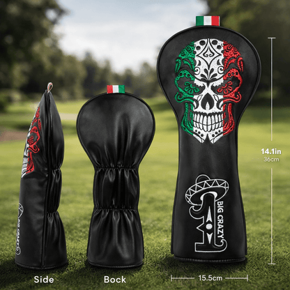 Golf club head cover with skull design and measurements on a grassy background