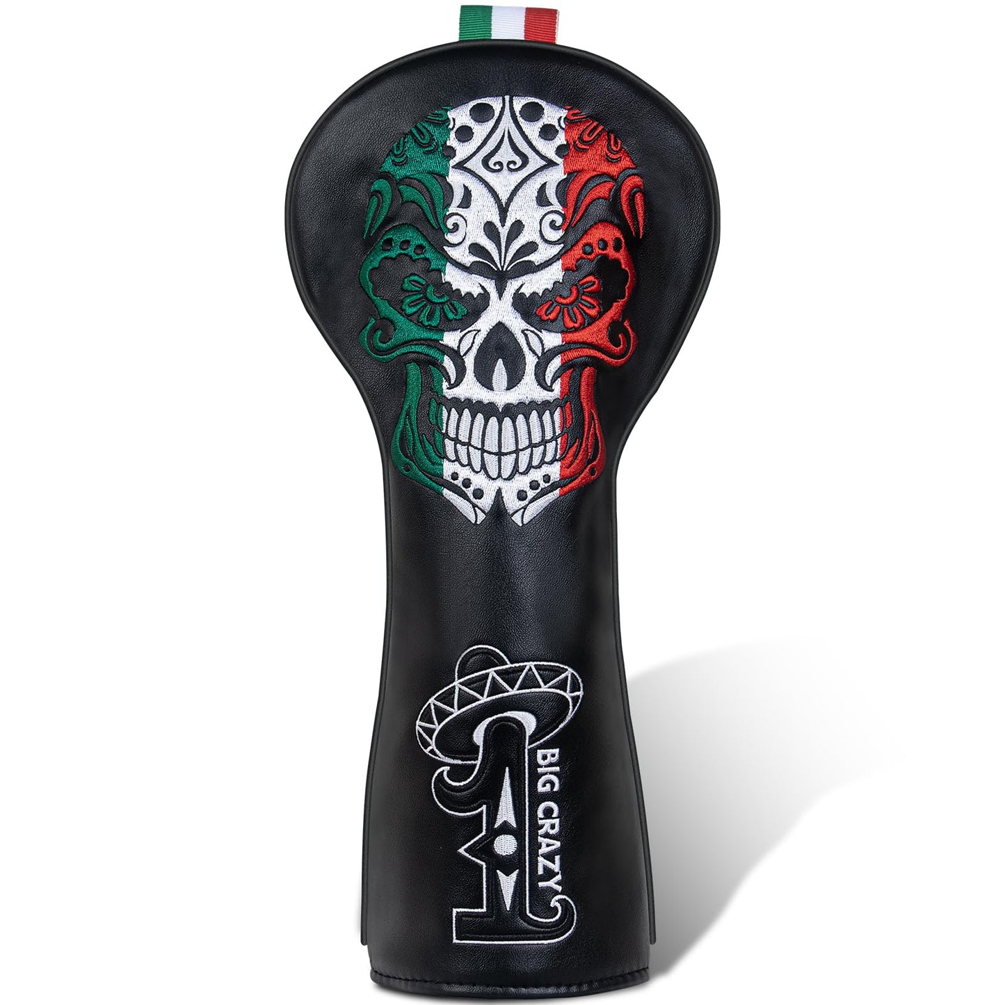 Golf club head cover with skull design and 'Big Crazy' branding on a white background