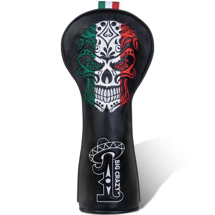 Golf club head cover with skull design and 'Big Crazy' branding on a white background
