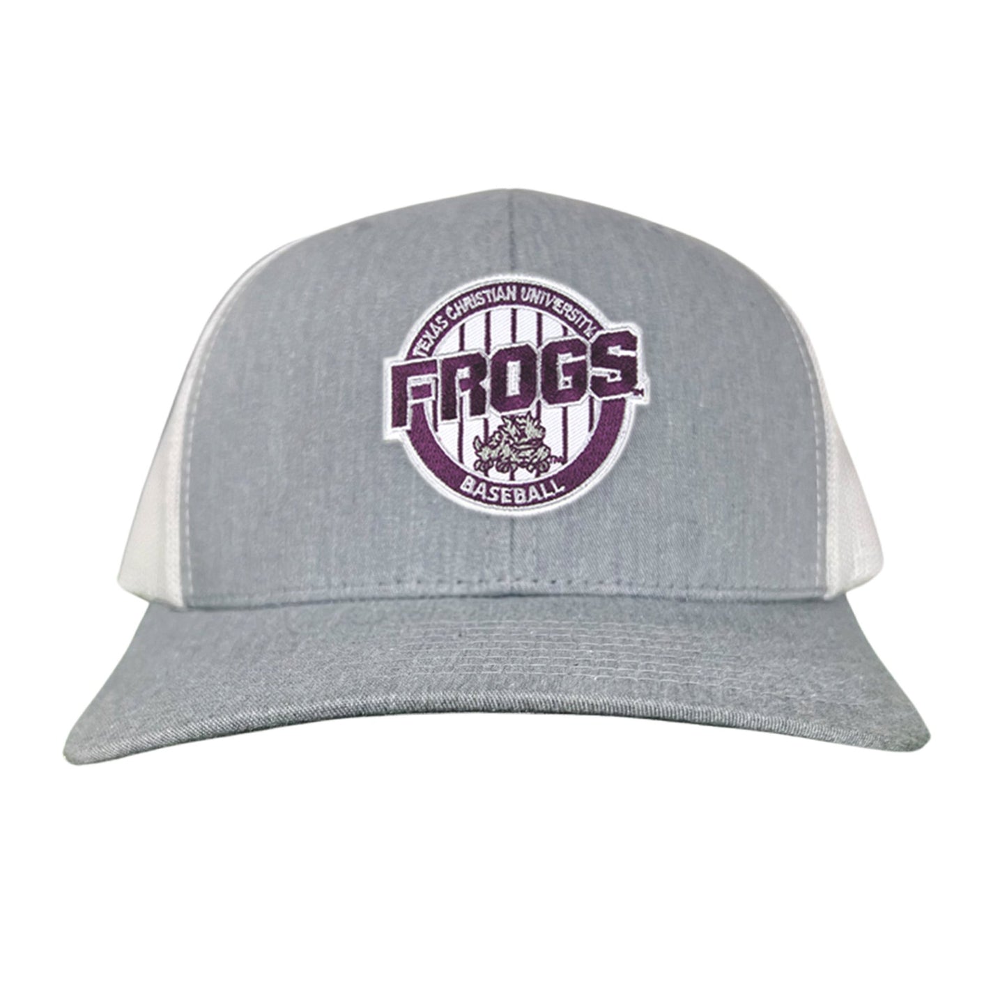 TCU / Frogs Pinstripe Circle / Hats / 216 / TCU017 / MG - Heather Grey / White Curved Bill Mesh Snapback - Club Rehab