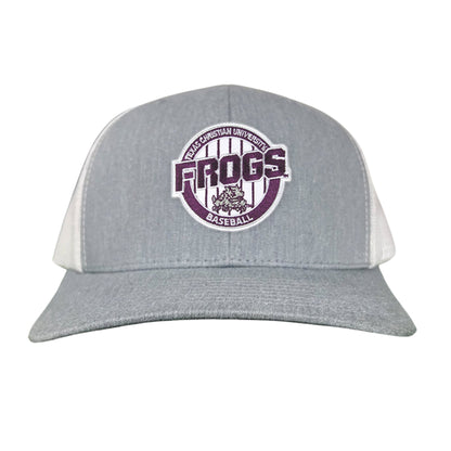 TCU / Frogs Pinstripe Circle / Hats / 216 / TCU017 / MG - Heather Grey / White Curved Bill Mesh Snapback - Club Rehab