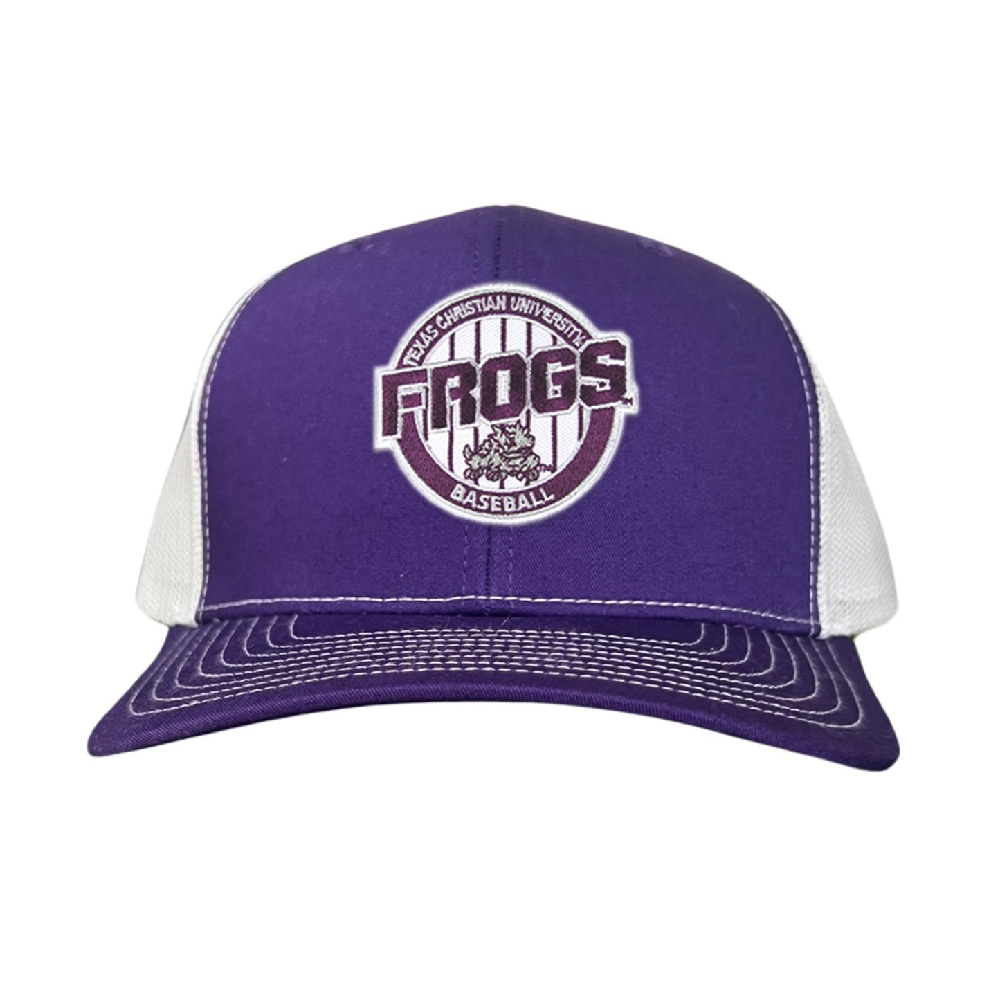 TCU / Frogs Pinstripe Circle / Hats / 216 / TCU017 / MG - Purple / White Curved Bill Mesh Snapback - Club Rehab