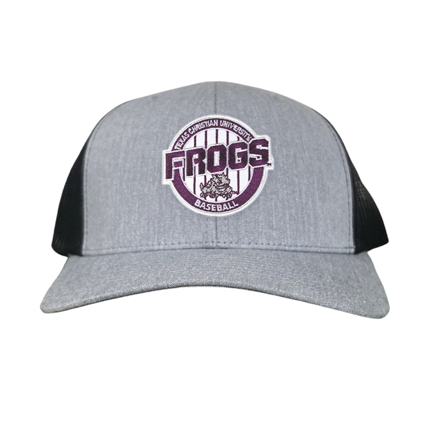 TCU / Frogs Pinstripe Circle / Hats / 216 / TCU017 / MG - Heather Grey / Black Curved Bill Mesh Snapback - Club Rehab