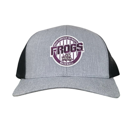 TCU / Frogs Pinstripe Circle / Hats / 216 / TCU017 / MG - Heather Grey / Black Curved Bill Mesh Snapback - Club Rehab