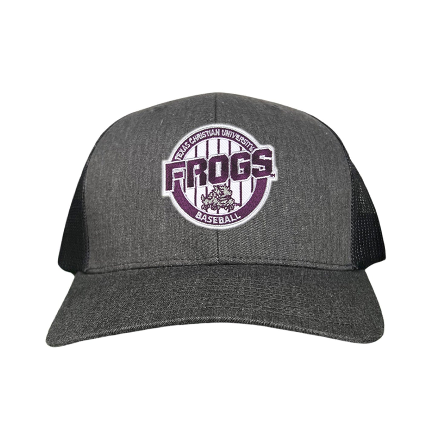 TCU / Frogs Pinstripe Circle / Hats / 216 / TCU017 / MG - Dark Heather / Black Curved Bill Mesh Snapback - Club Rehab