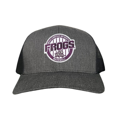 TCU / Frogs Pinstripe Circle / Hats / 216 / TCU017 / MG - Dark Heather / Black Curved Bill Mesh Snapback - Club Rehab