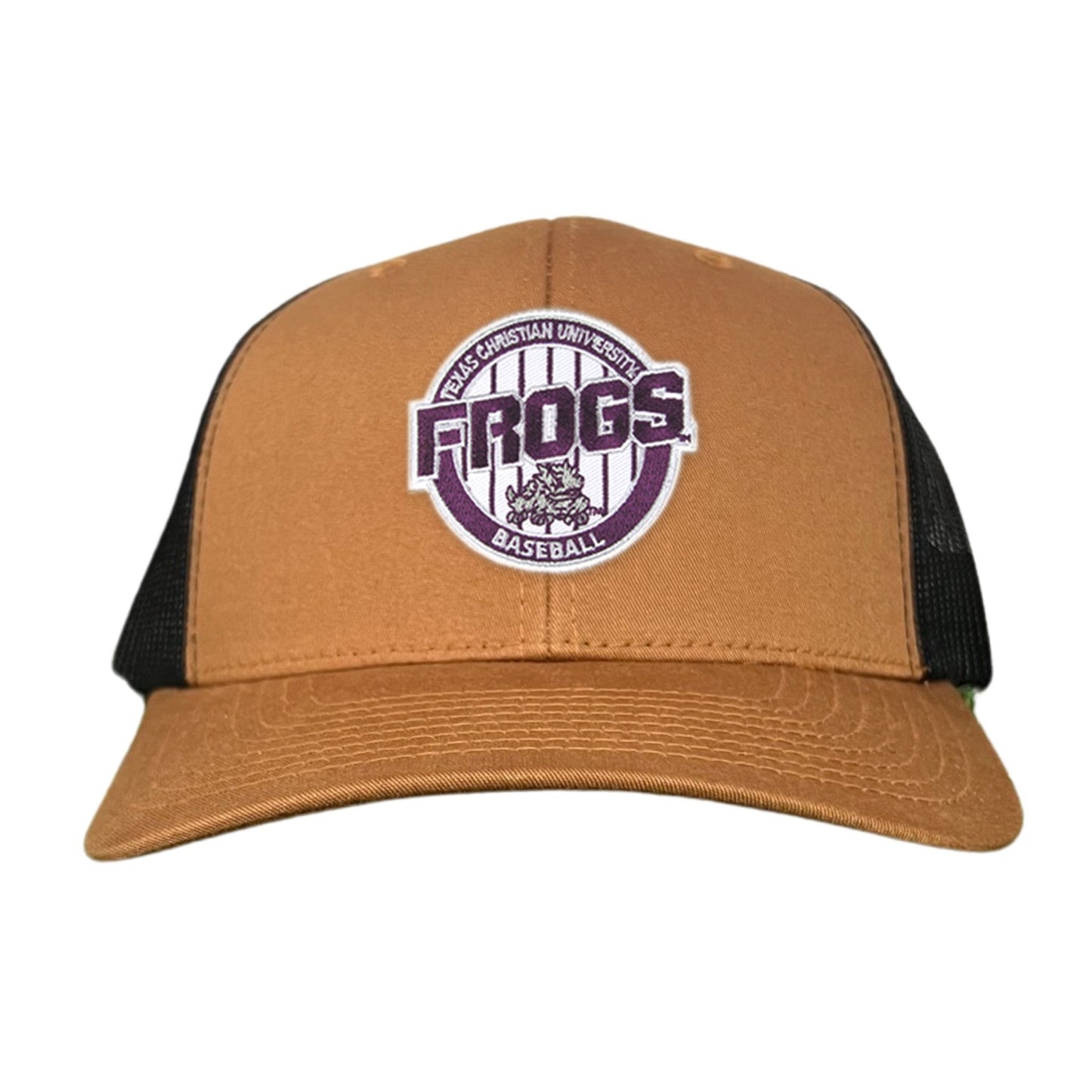 TCU / Frogs Pinstripe Circle / Hats / 216 / TCU017 / MG - Caramel / Black Curved Bill Mesh Snapback - Club Rehab