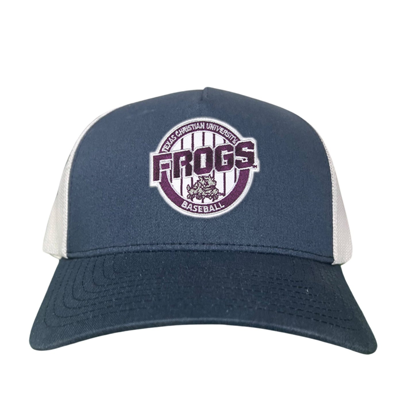 TCU / Frogs Pinstripe Circle / Hats / 216 / TCU017 / MG - Navy / White Curved Bill Mesh Snapback - Club Rehab