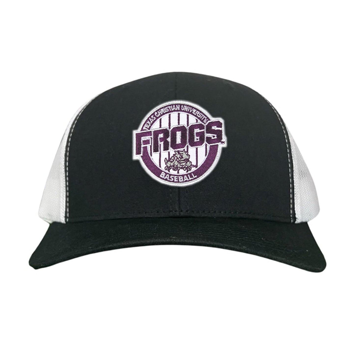 TCU / Frogs Pinstripe Circle / Hats / 216 / TCU017 / MG - Black / White Curved Bill Mesh Snapback - Club Rehab