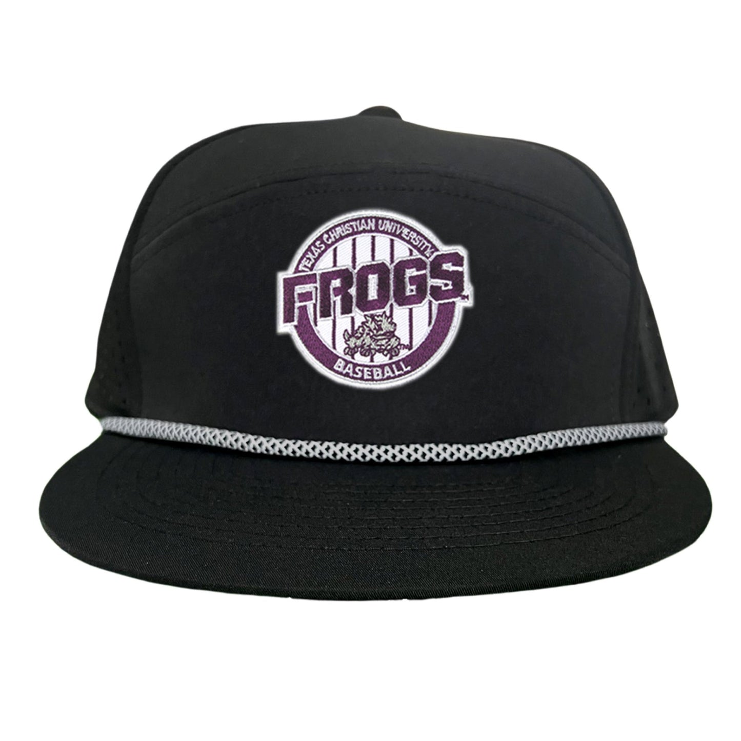 TCU / Frogs Pinstripe Circle / Hats / 216 / TCU017 / MG - Flatbill Black with Black / White Rope Canvas - Club Rehab