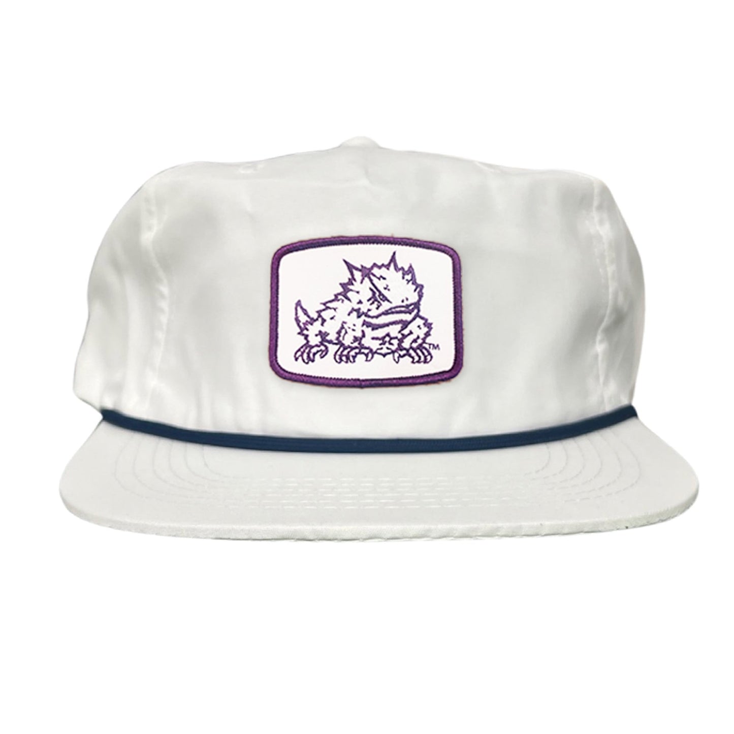 TCU Horned Frog Square Patch / Curved Bill Mesh Snapback / 121 - TCU005 - Flat Bill White with Navy Rope Canvas - Club Rehab