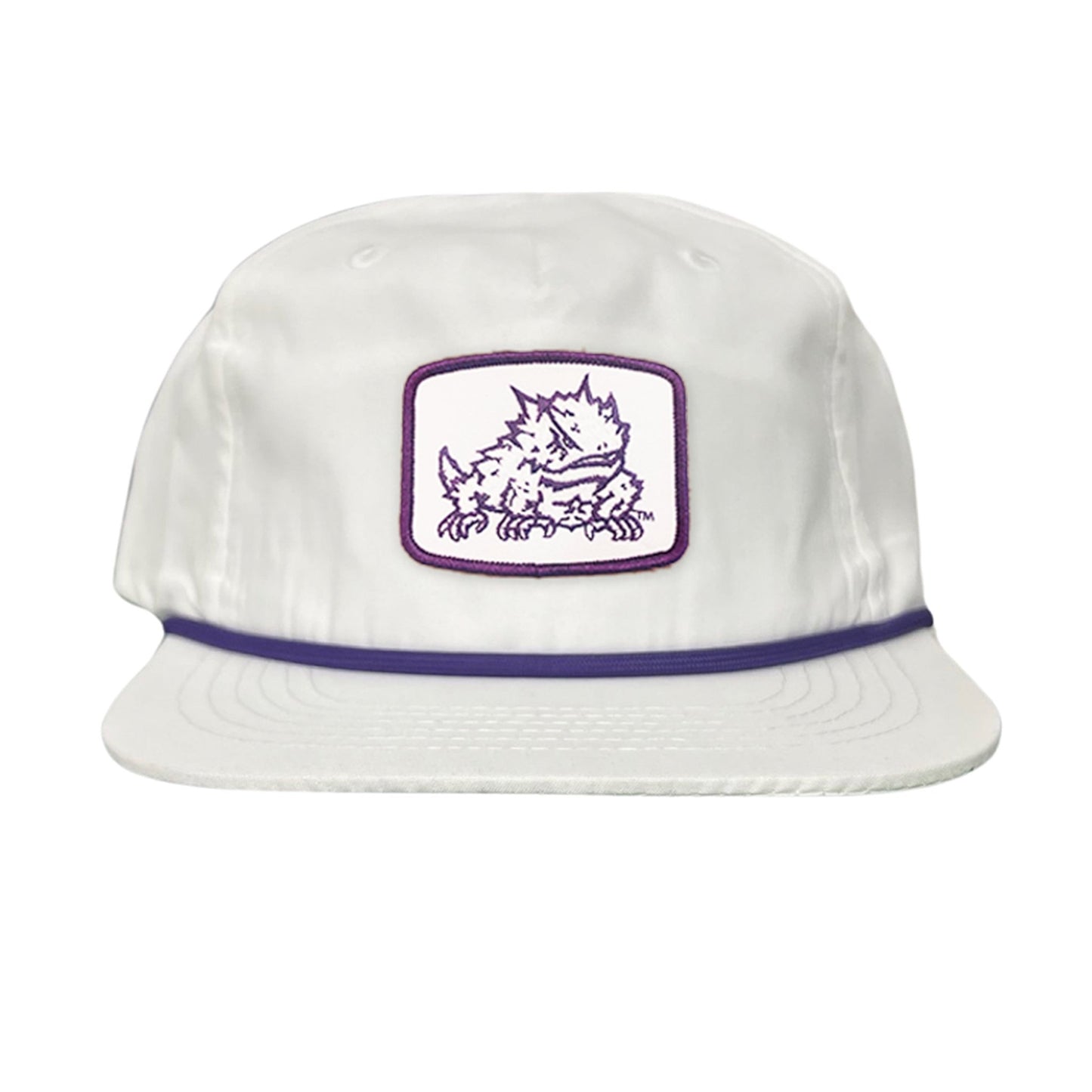 TCU Horned Frog Square Patch / Curved Bill Mesh Snapback / 121 - TCU005 - Flat Bill White with Purple Rope Canvas - Club Rehab