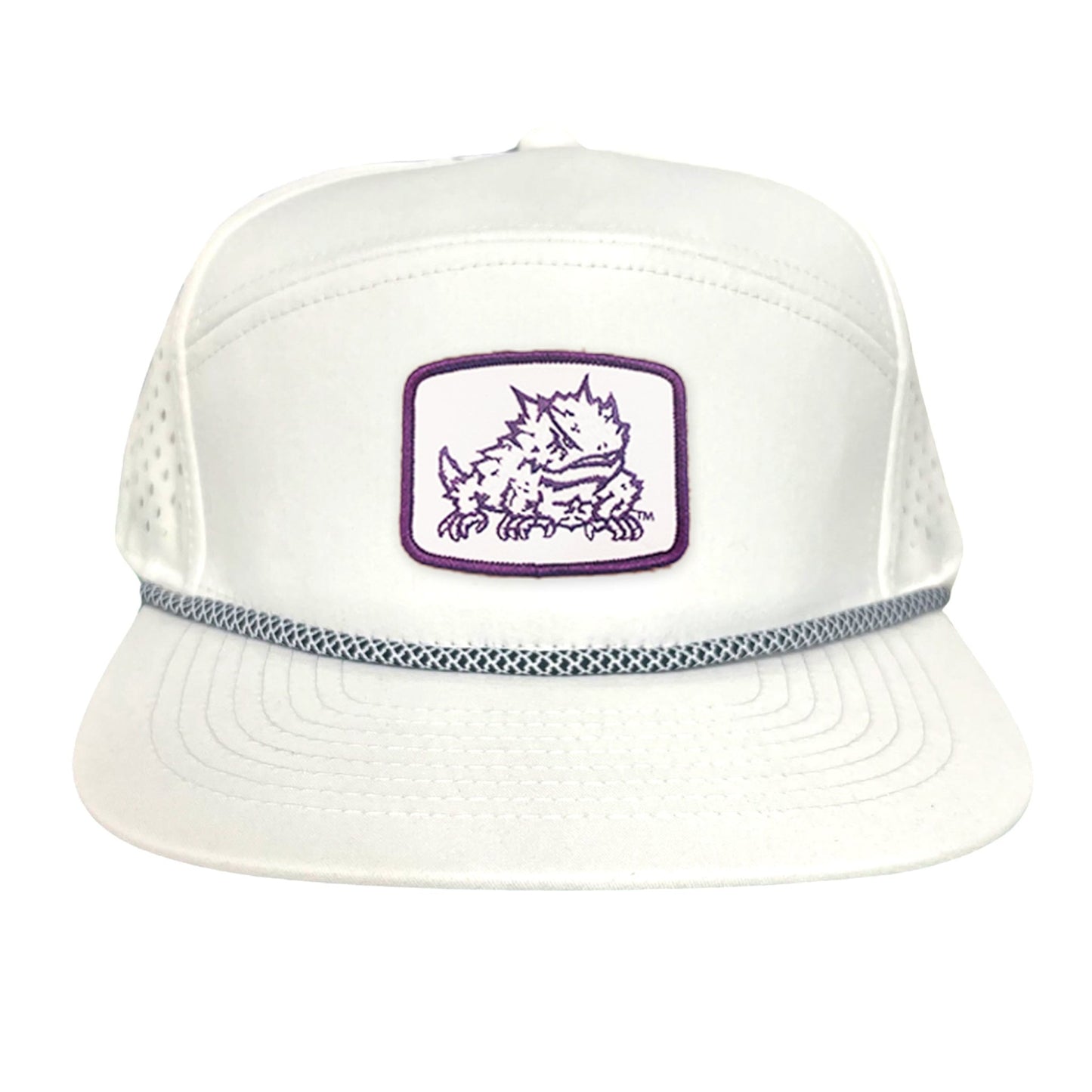 TCU Horned Frog Square Patch / Curved Bill Mesh Snapback / 121 - TCU005 - Flat Bill White with Black / White Rope Canvas - Club Rehab