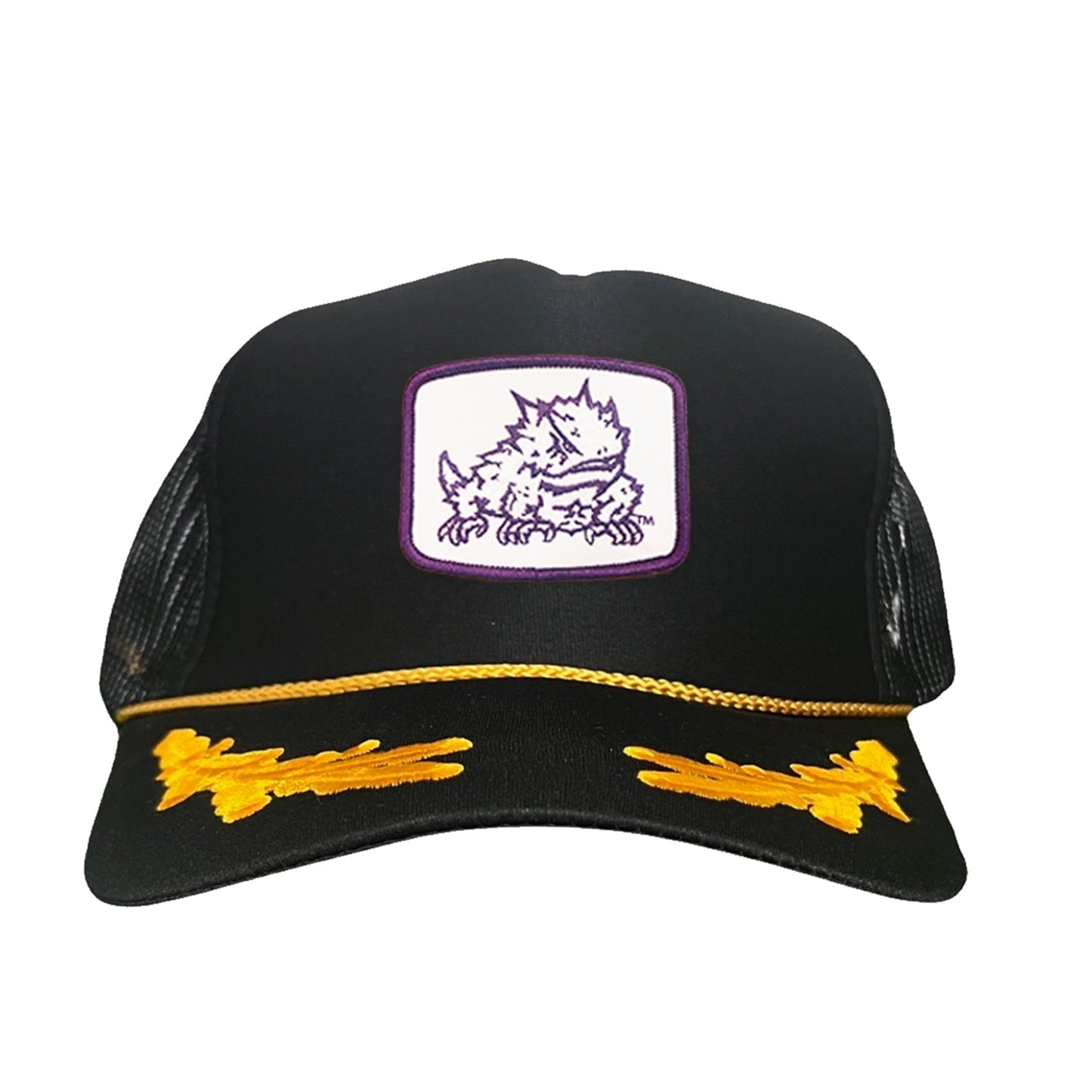 TCU Horned Frog Square Patch / Curved Bill Mesh Snapback / 121 - TCU005 - Black / Gold Foam Curved Snapback - Club Rehab
