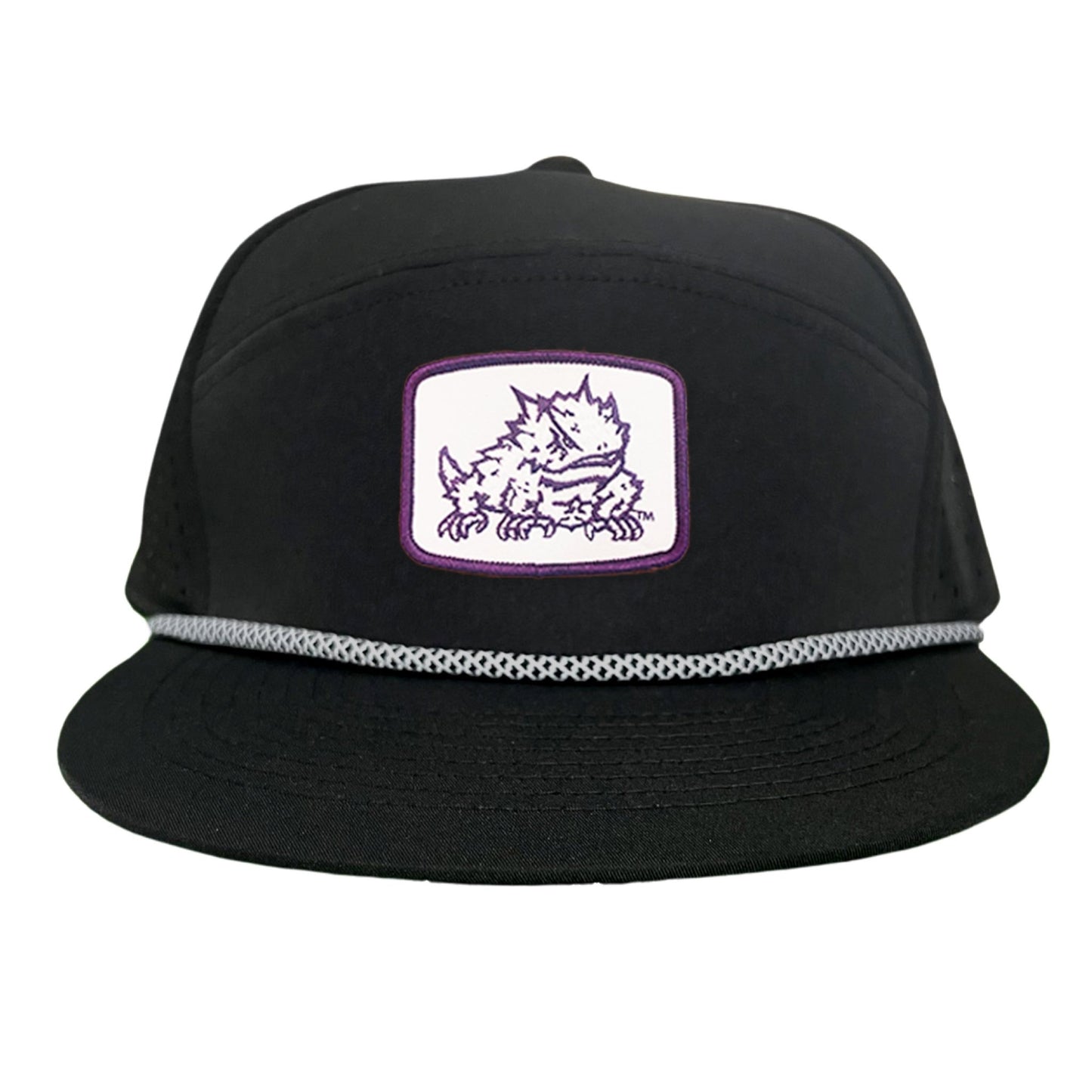 TCU Horned Frog Square Patch / Curved Bill Mesh Snapback / 121 - TCU005 - Flat Bill Black with Black / White Rope Canvas - Club Rehab