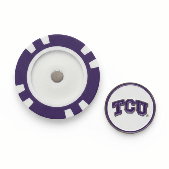 Purple and white chip with TCU logo on a white background