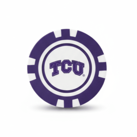 Purple poker chip with TCU logo on a white background