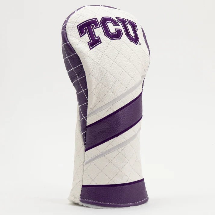Golf club head cover with 'TCU' branding on a white background