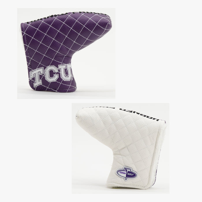 TCU Horned Frogs Split Quilted Blade Putter Cover, offset front and back views