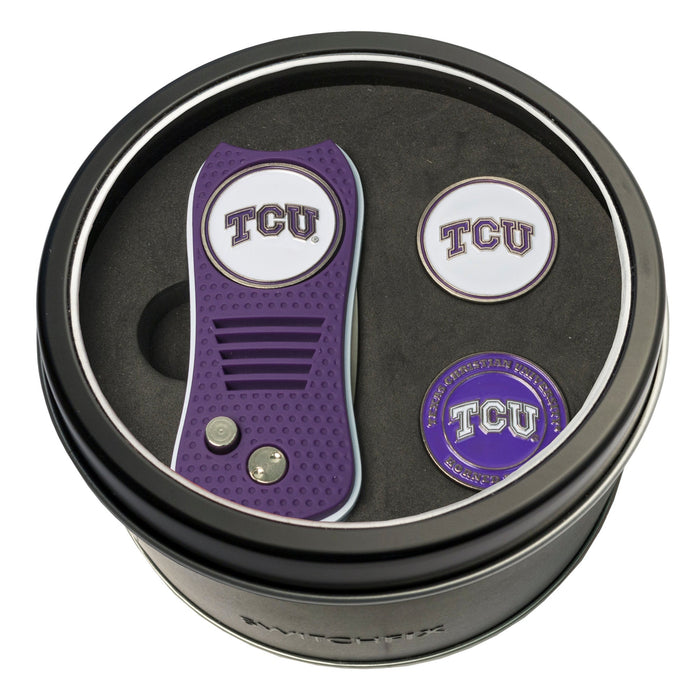 TCU Horned Frogs Switchblade divot tool and ball marker tin gift set
