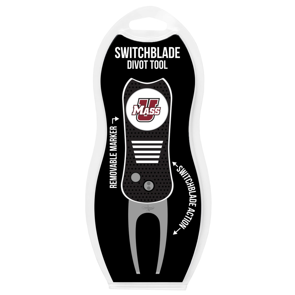 UMass Amherst Minutemen Switchblade Divot Tool in retail clamshell packaging