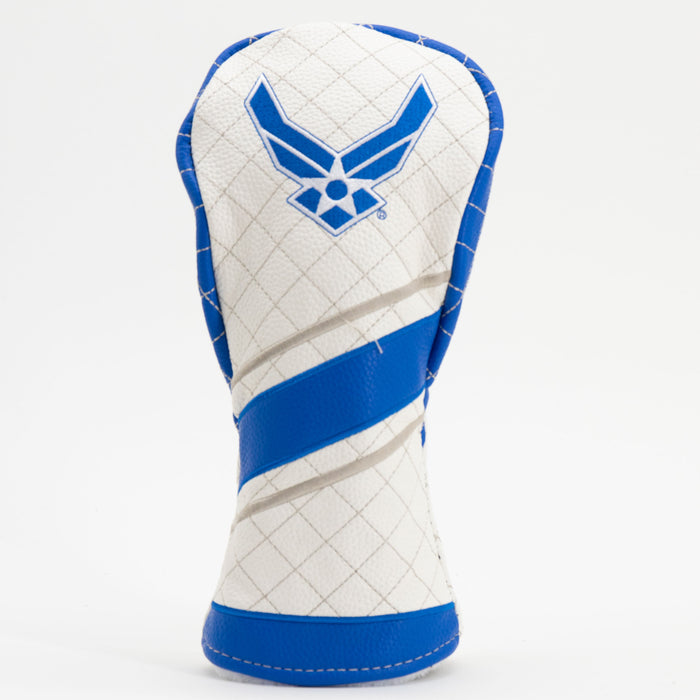 White quilted U.S. Air Force fairway headcover with diagonal blue stripe and Air Force emblem