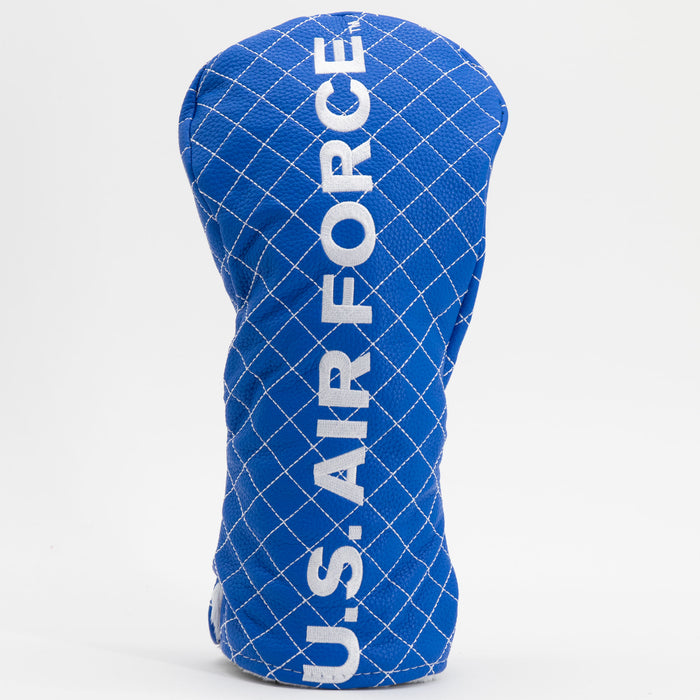 Blue quilted U.S. Air Force driver headcover with white U.S. AIR FORCE lettering