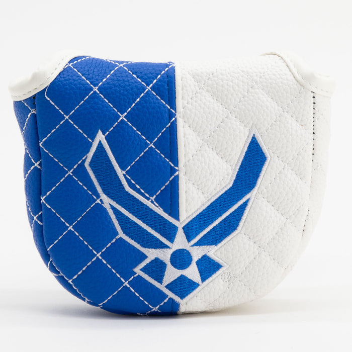 Blue and white quilted U.S. Air Force mallet putter headcover with Air Force emblem