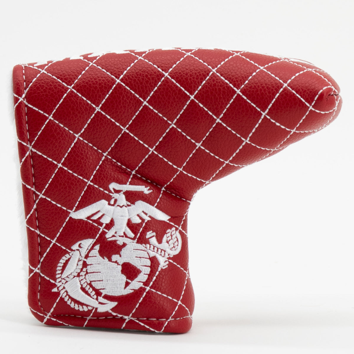U.S. Marines solid quilted blade putter cover, close-up of the stitching and textured exterior