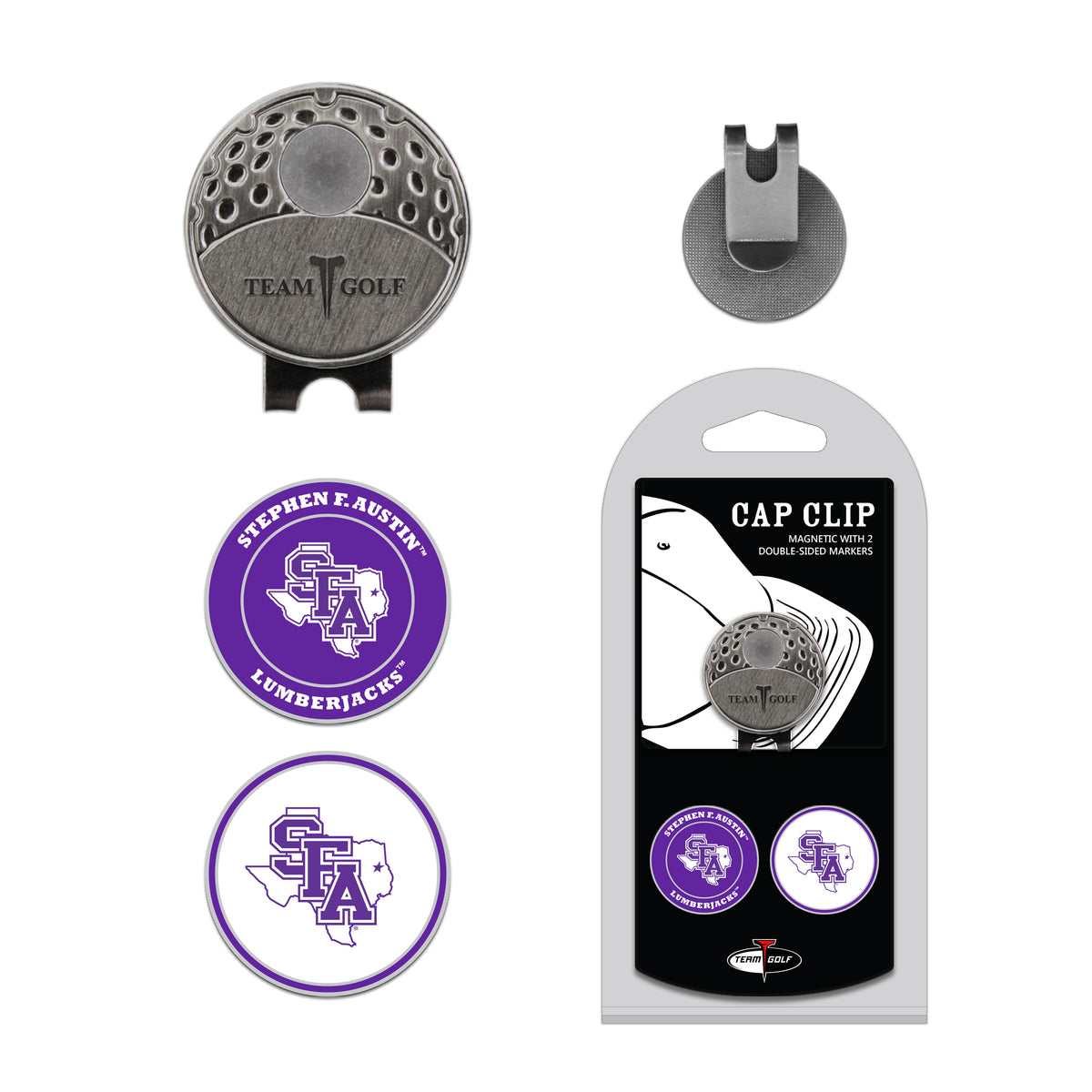 STEPHEN F. AUSTIN hat clip with two golf ball markers