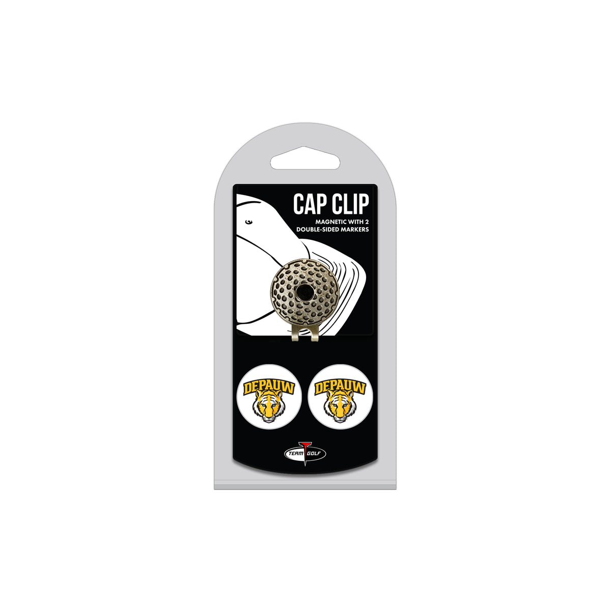 DEPAUW hat clip with two golf ball markers