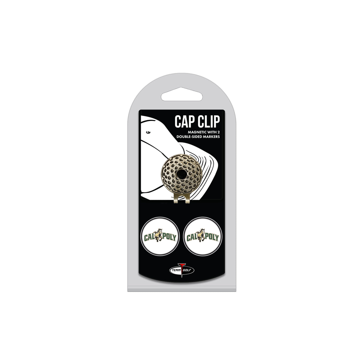 CAL POLY ST hat clip with two golf ball markers