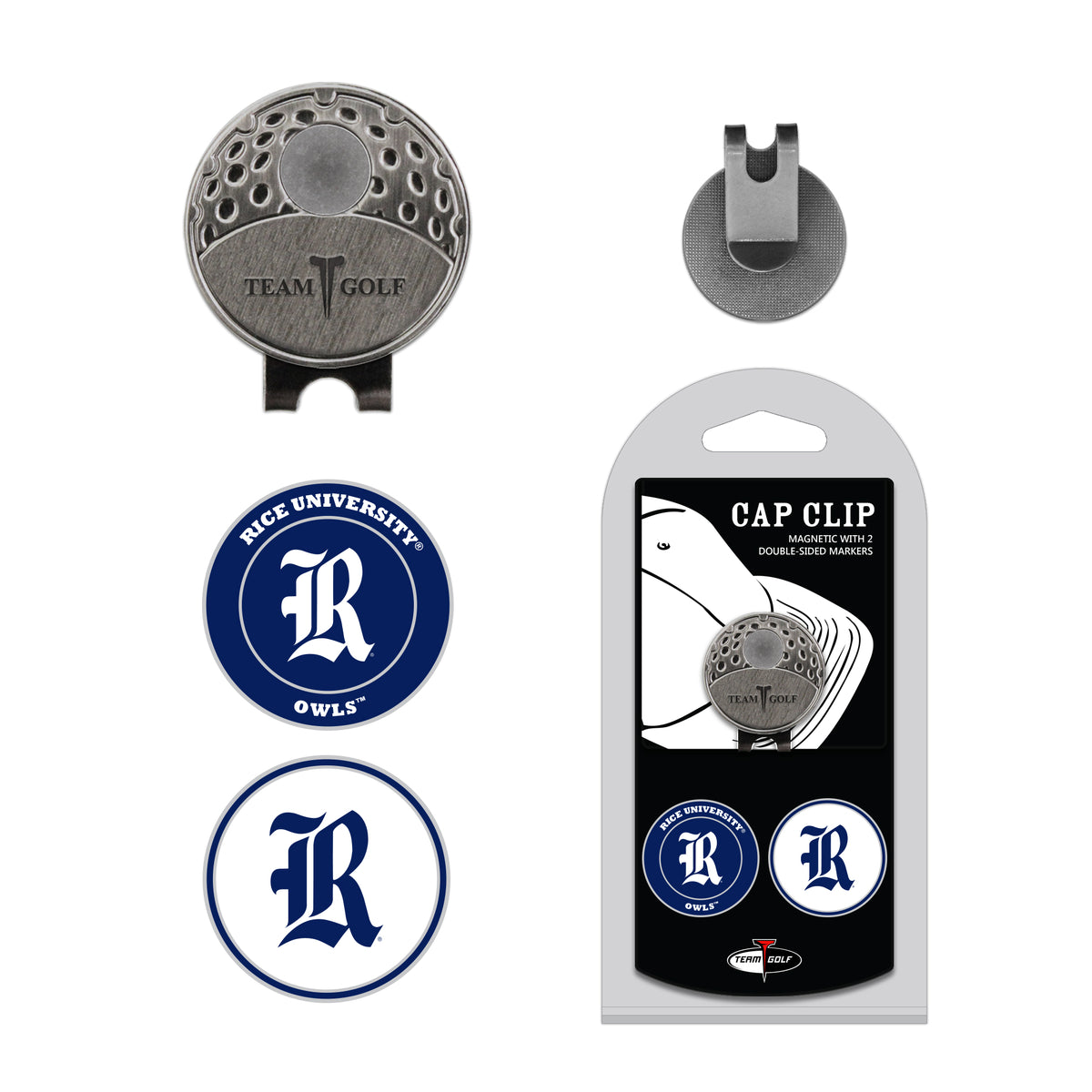 RICE hat clip with two golf ball markers
