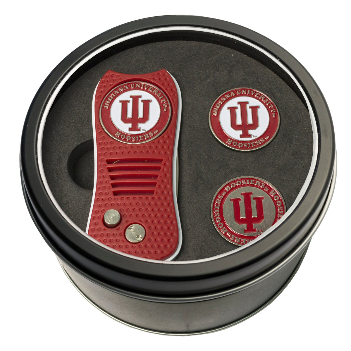 Indiana Hoosiers red divot tool and two extra IU ball markers in a round gift tin