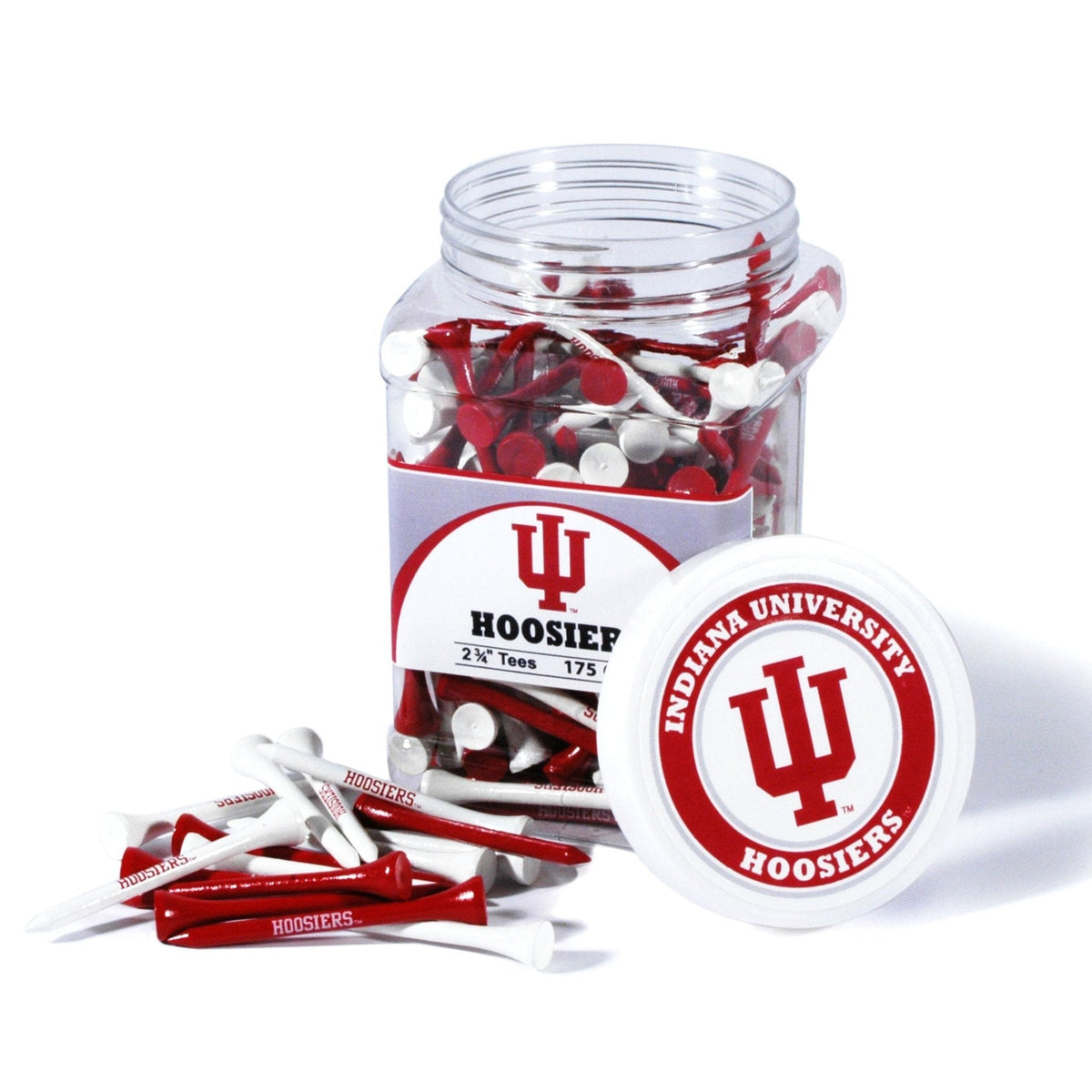 Indiana Hoosiers jar of 175 red and white 2¾-inch golf tees