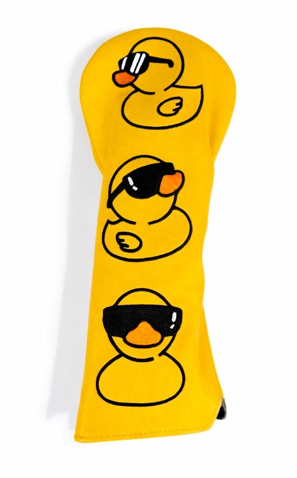 Techno Rubber Ducky Driver Headcover - Club Rehab - Golf Club HeadcoversYellow headcover with cartoon duck designs on a white background