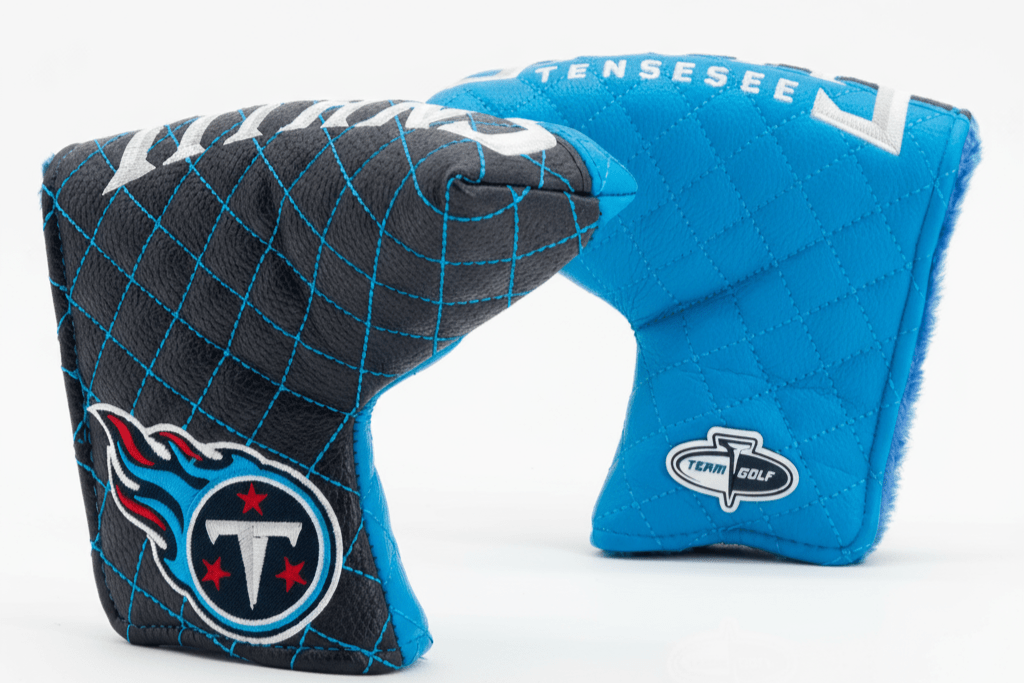 Golf club head covers with Tennessee Titans logo on a white background