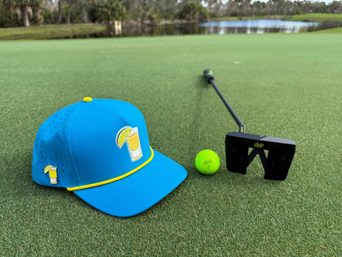 Tequila and Lime Golf Hat | Snapback Cap | Built-in Magnetic Ball Marker Holder + Marker Included | Adjustable | Shot Glass - Club Rehab