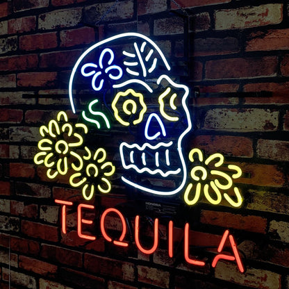 Tequila Lager Skull Bone with Flower Neon Signs Light - Club Rehab