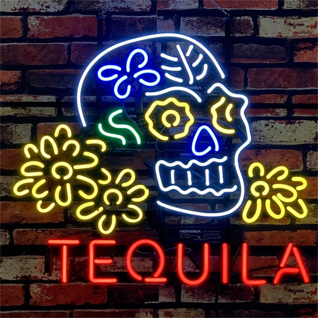 Tequila Lager Skull Bone with Flower Neon Signs Light - Club Rehab