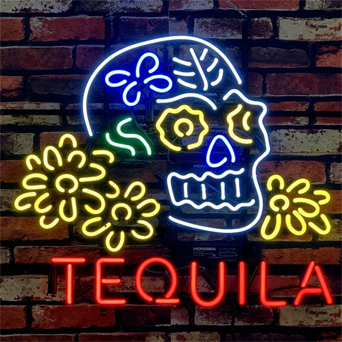 Tequila Lager Skull Bone with Flower Neon Signs Light - Club Rehab