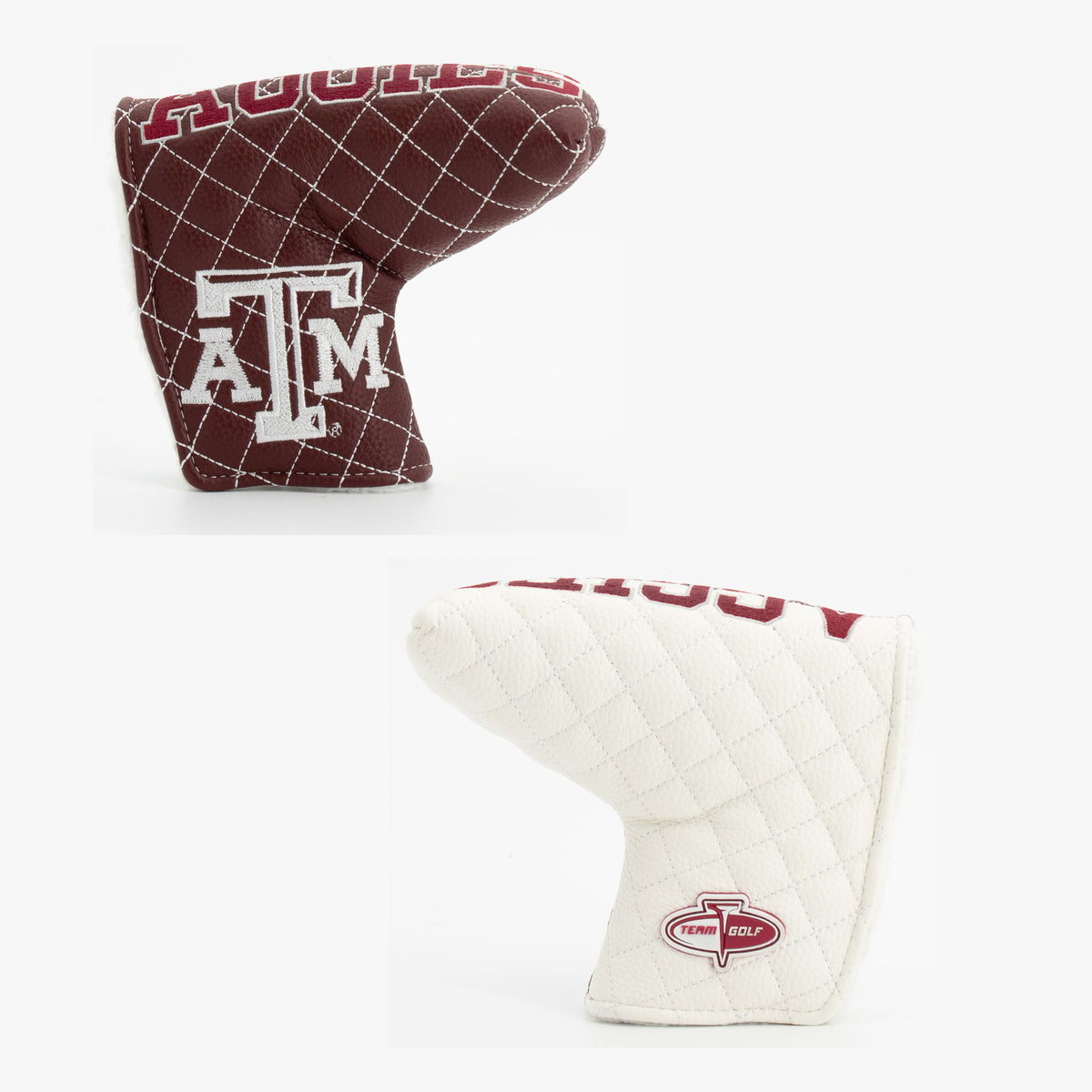 Texas A&M Aggies Split Quilted Blade Putter Cover, offset front and back views