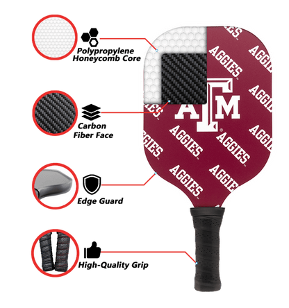 Texas A&M Aggies Pickleball Paddle | Carbon Fiber Face | 12mm Core - Club Rehab
